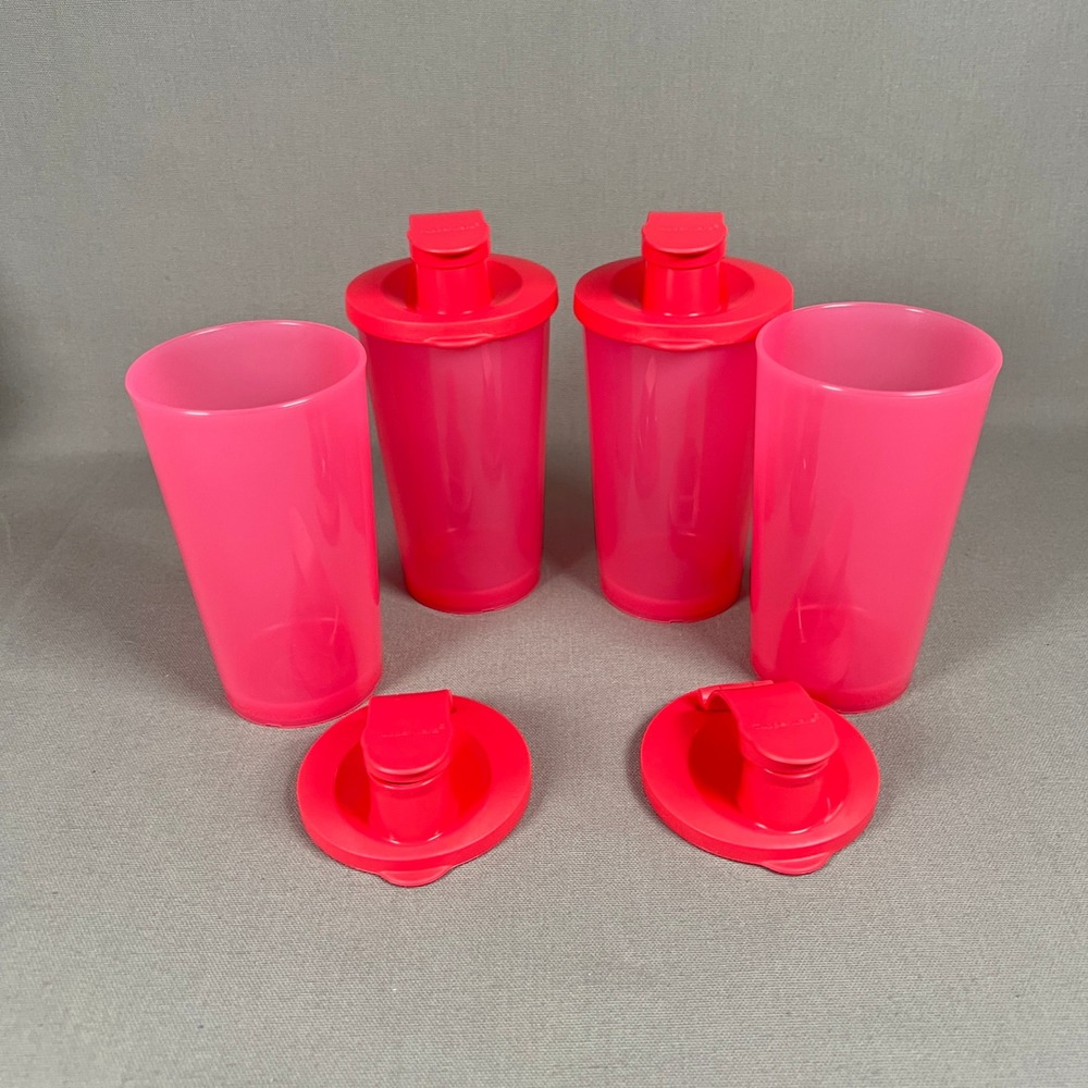 Tupperware Tumblers with flip top lids 6170B-3 Set of 4 Pink Punch